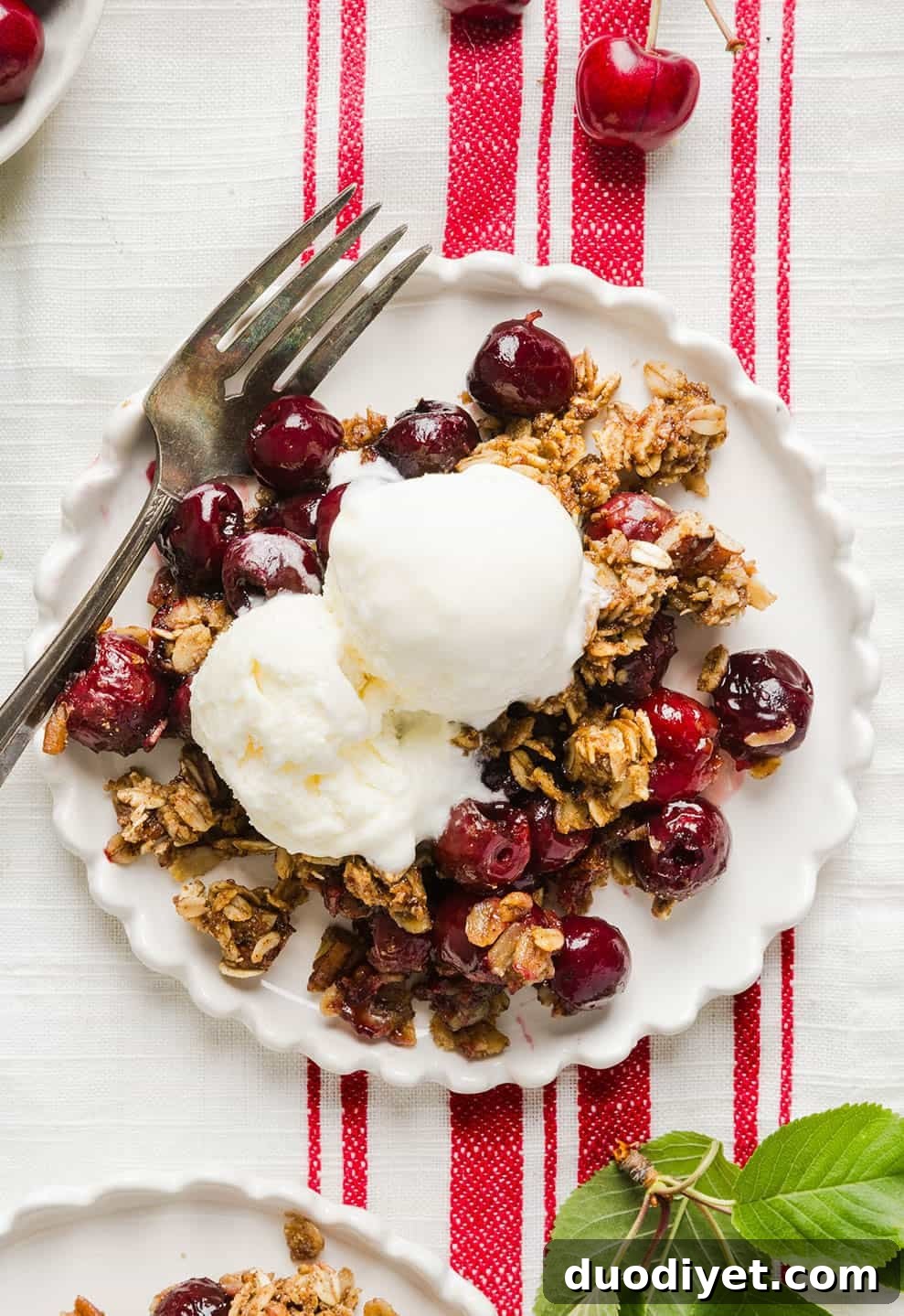 Light Cherry Crisp Recipe with Oat Topping 7 This Healthy Cherry Crisp recipe is the ultimate summer dessert! Bursting with sweet cherries and a wholesome oat topping, this warm cherry crisp easily comes together with just a few simple ingredients!