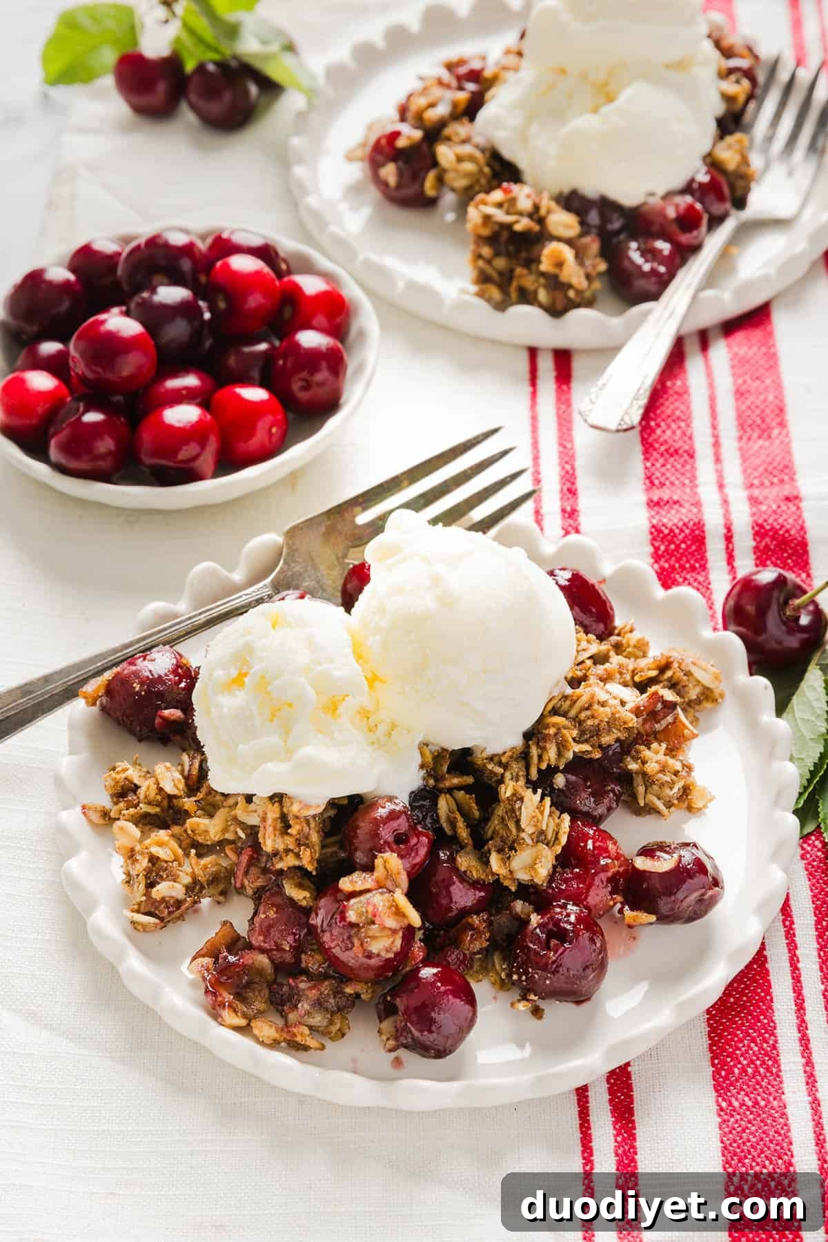 Light Cherry Crisp Recipe with Oat Topping 8 This Healthy Cherry Crisp recipe is the ultimate summer dessert! Bursting with sweet cherries and a wholesome oat topping, this warm cherry crisp easily comes together with just a few simple ingredients!