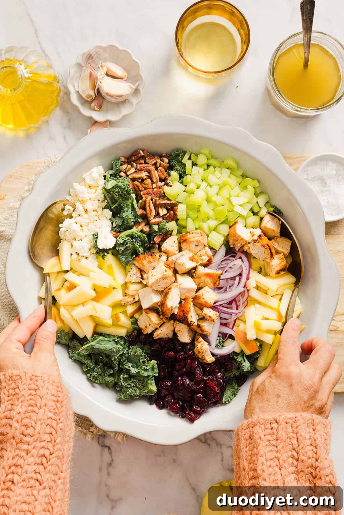 Autumn Harvest Chopped Chicken Salad with Cranberries, Pecans 4 Maple Dijon vinaigrette poured over a harvest chicken salad