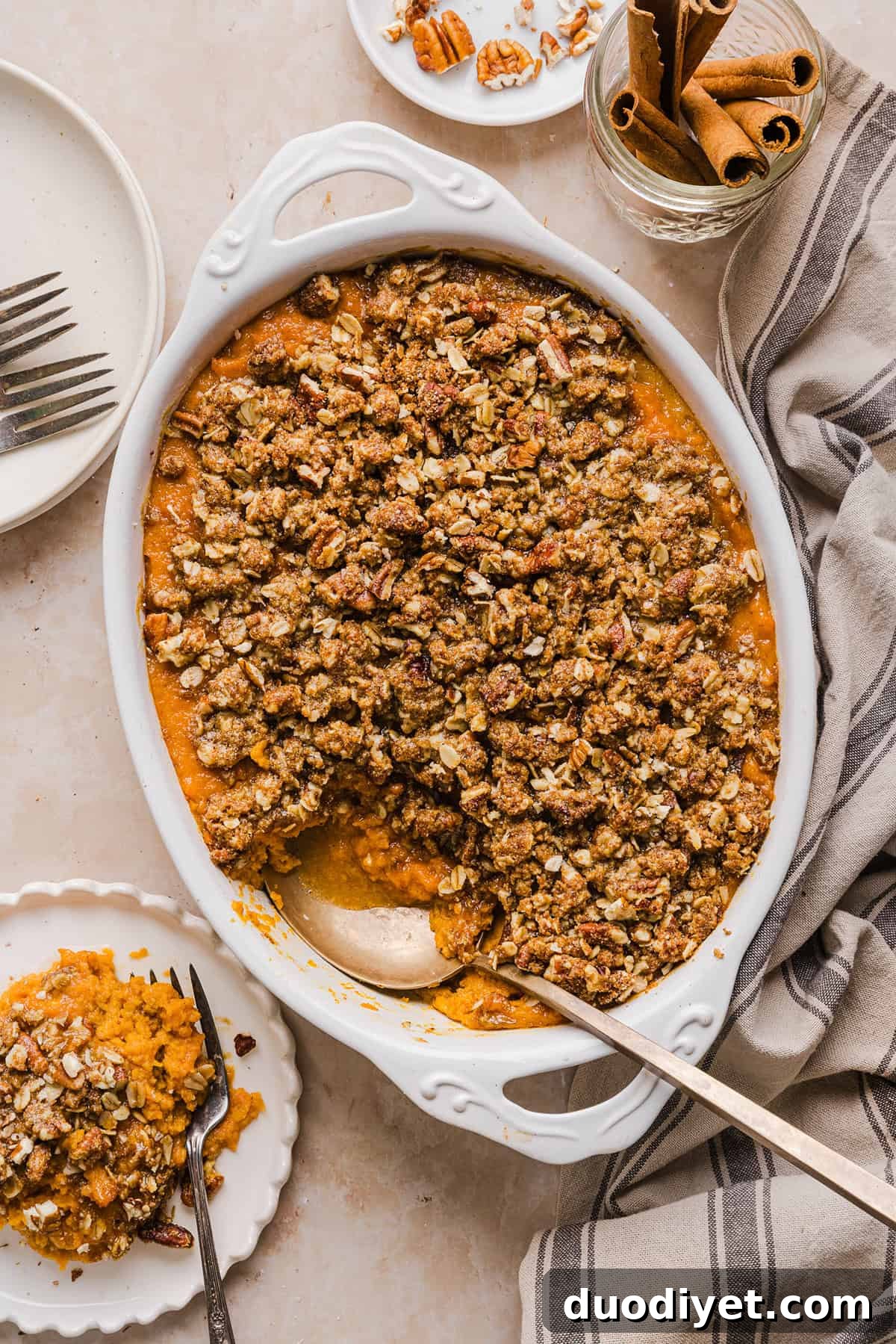 Light Sweet Potato Casserole Recipe with Pecan Topping 4 Spoon serving sweet potato casserole