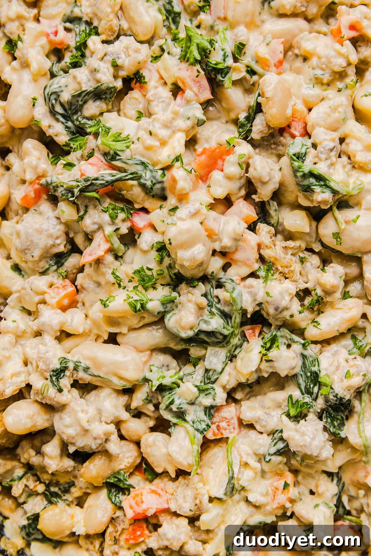 Creamy Cheesy Sausage and Bean Dip Recipe 8 This Cheesy Sausage Bean Dip is the ultimate party appetizer! Made with flavorful spicy sausage, sautéed onions, bell peppers, garlic and spinach, along with cream cheese and white beans. Topped with freshly grated parmesan cheese and served with toasted bread or Frito corn chips!
