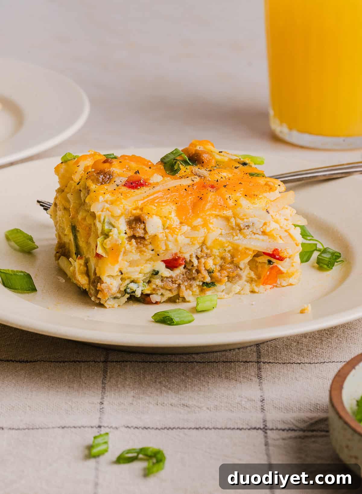 Make-Ahead Hash Brown Breakfast Casserole 8 This Easy Hash Brown Breakfast Casserole is loaded with savory sausage, sautéed peppers and onions, along with melty cheese and perfectly seasoned eggs. The perfect recipe for your holiday brunch or weekend breakfast that can easily be prepped the night before!