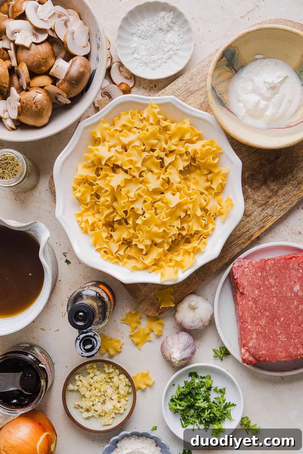 Ground beef stroganoff with mushrooms and egg noodles