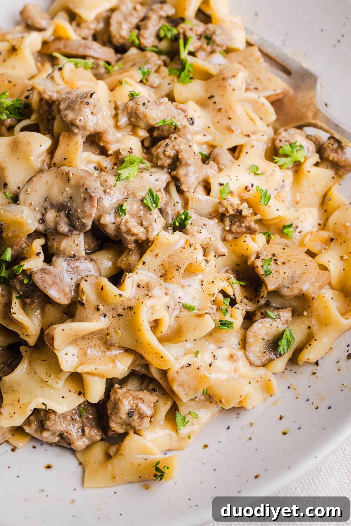 Serving suggestion for healthy beef stroganoff