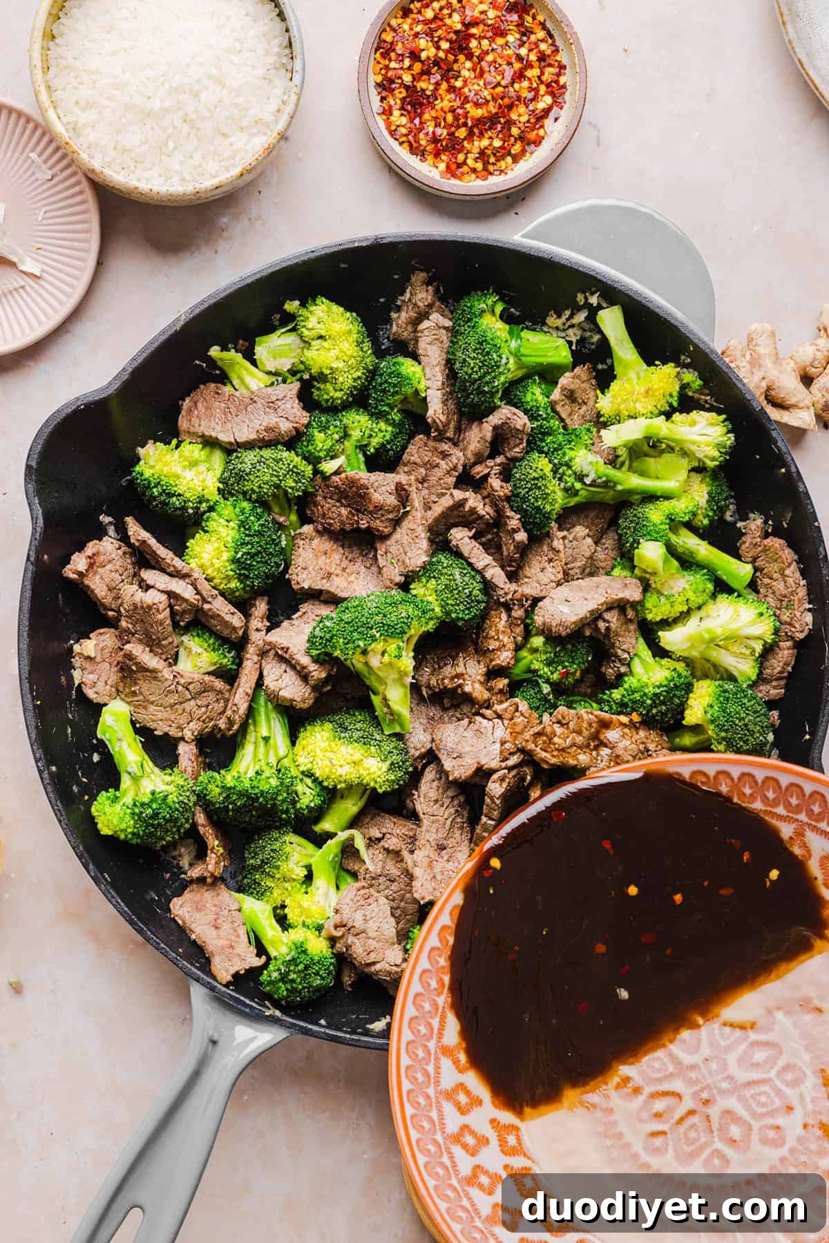 Quick Beef and Broccoli Stir-Fry with Garlic Soy Sauce 5 Close up of steak strips and broccoli