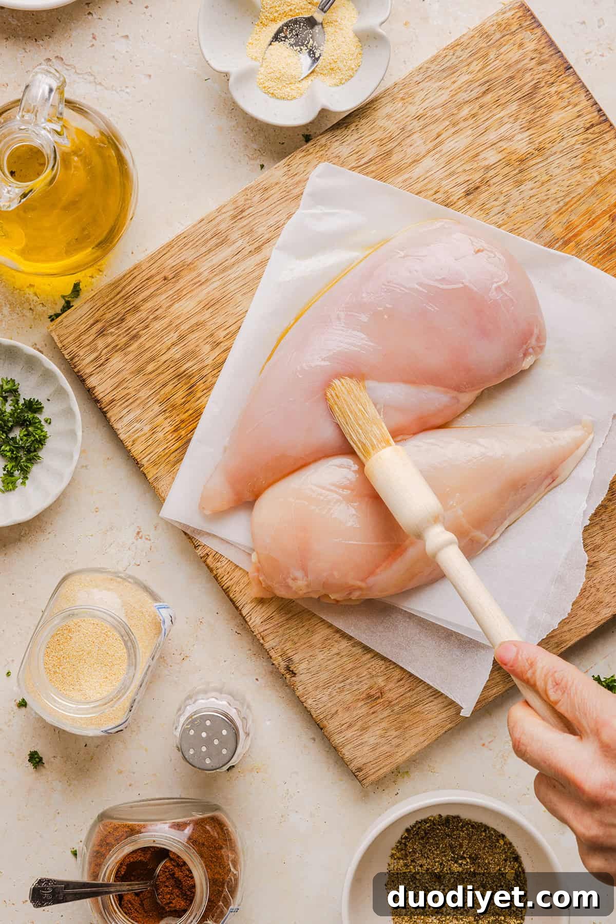 Seasoned chicken breasts ready for the air fryer