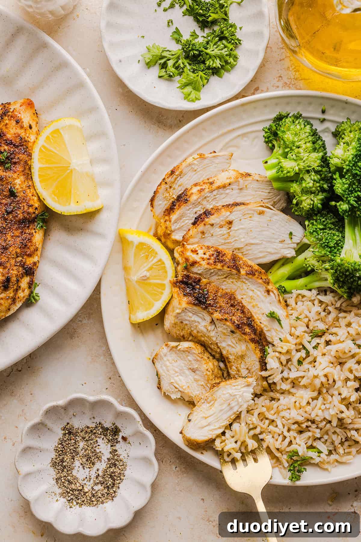 Golden-browned air fryer chicken breast with herbs.