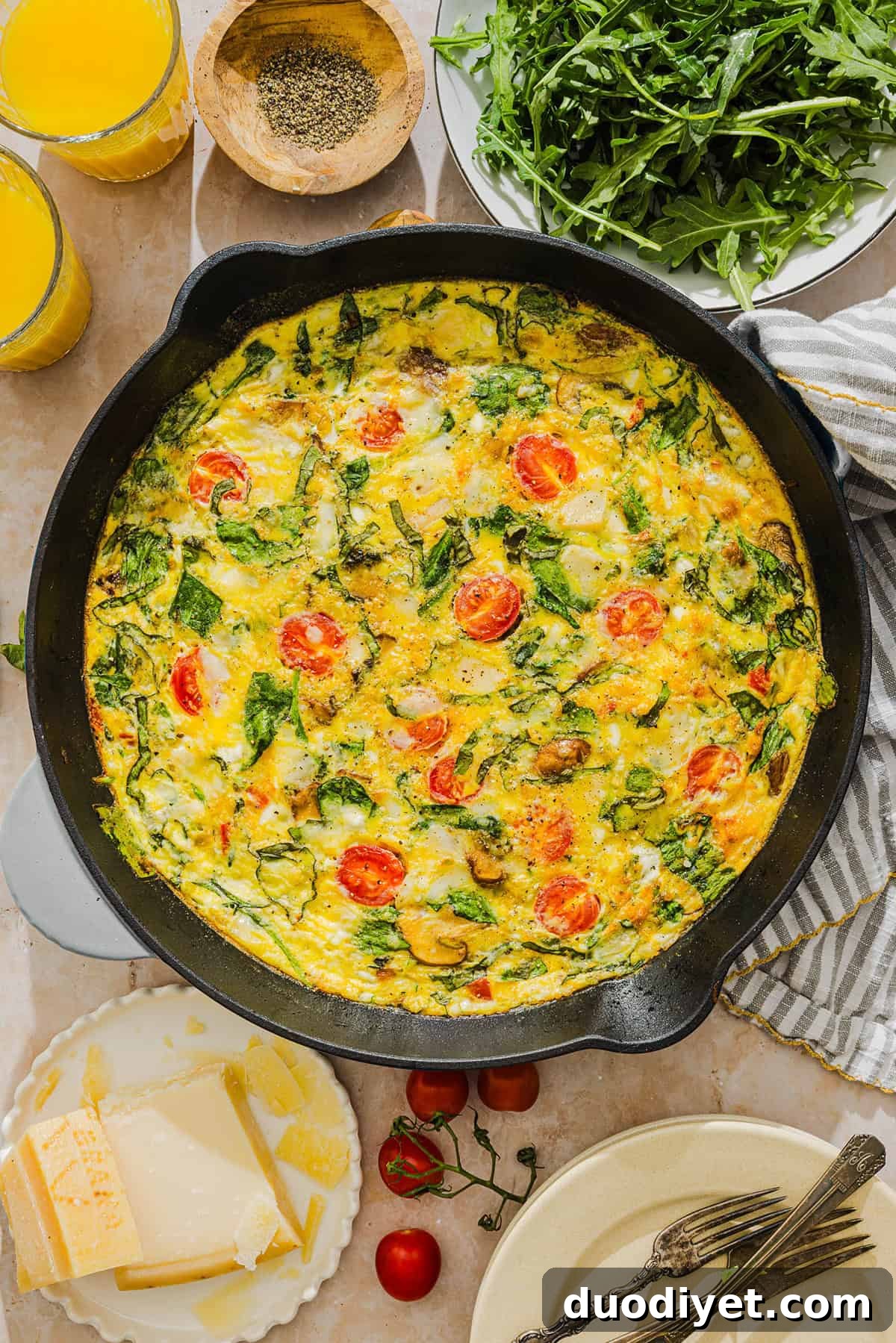 Baked Vegetable Frittata with Cottage Cheese 6 Close-up of a wedge of frittata showing herbs and melted cheese.