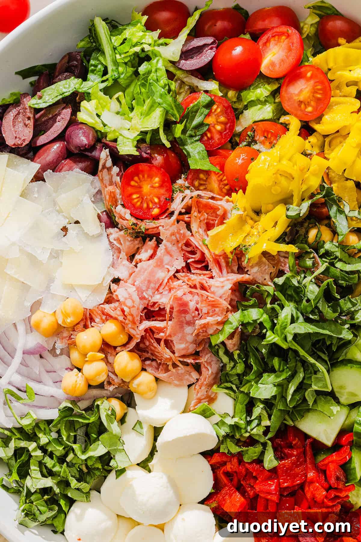 Classic Italian Chopped Salad with Zesty Vinaigrette 4 This Italian Chopped Salad tastes just like your favorite grinder, but lighter and SO good! Loaded with crisp lettuce, savory salami, chickpeas, fresh veggies and the best homemade dressing, all chopped up so you get the perfect bite every time!