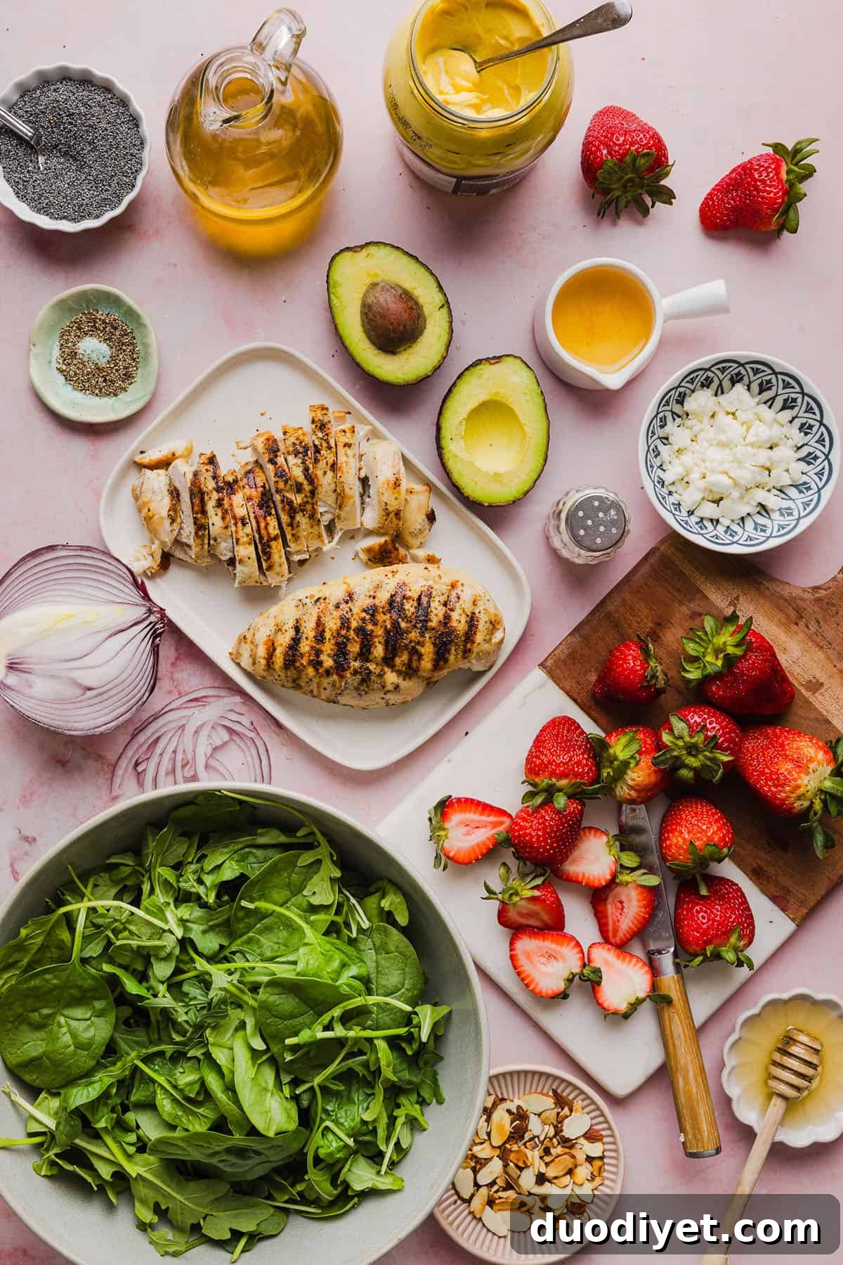 This Strawberry Poppy Seed Chicken Salad is fresh, flavorful, and perfect for spring and summer! Made with juicy strawberries, tender chicken, crunchy toppings, and the BEST poppy seed dressing.