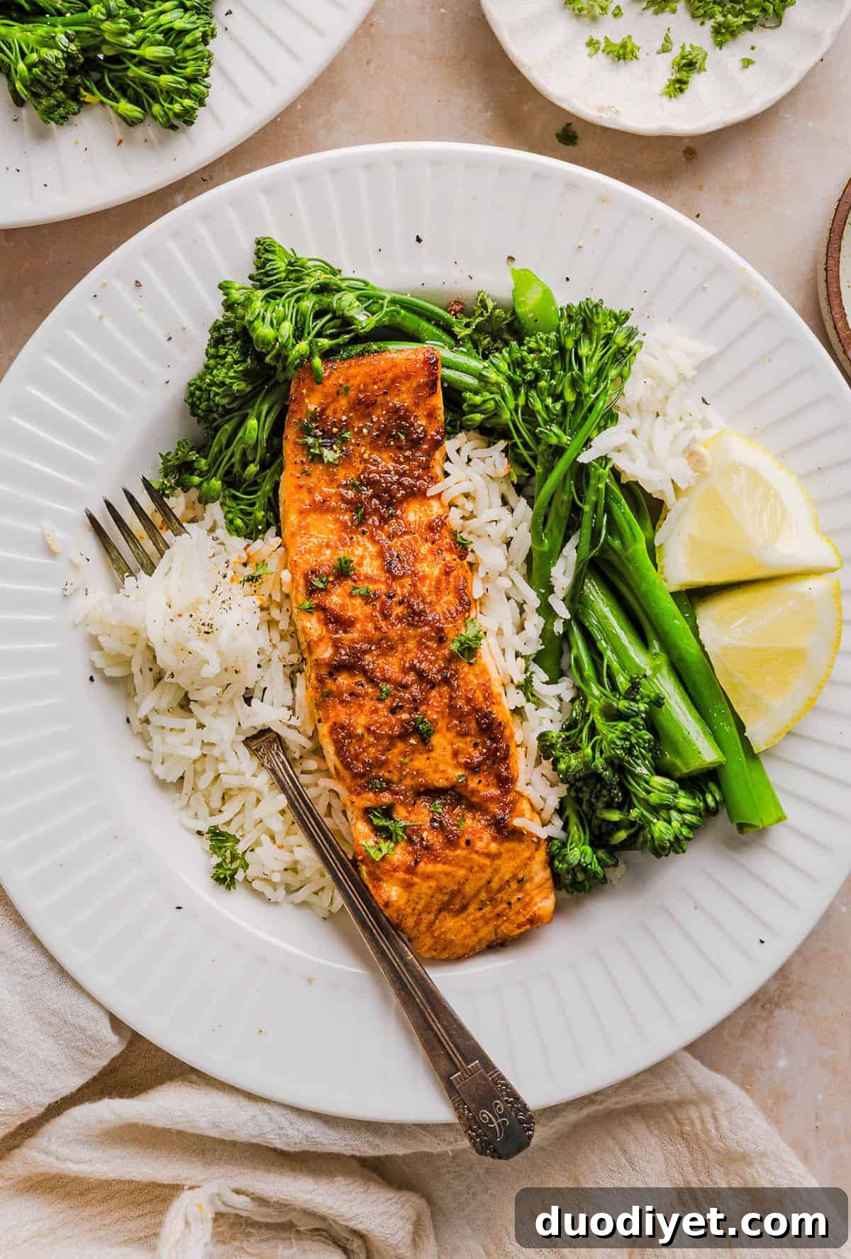 Easy Air Fryer Salmon that turns out perfectly flaky every time in under 10 minutes! Seasoned with a blend of spices for a delicious, healthy meal great for busy weeknights or when you need to meal prep.