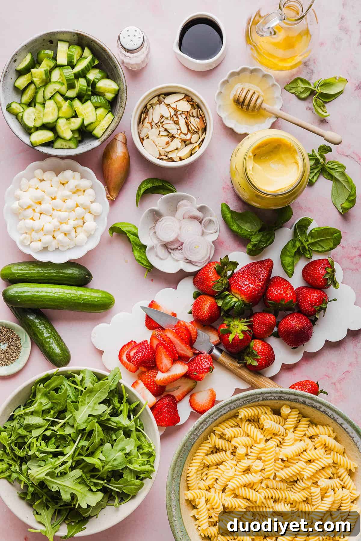 Strawberry Balsamic Pasta Salad Recipe 3 Close-up of Strawberry Balsamic Pasta Salad with basil and mozzarella