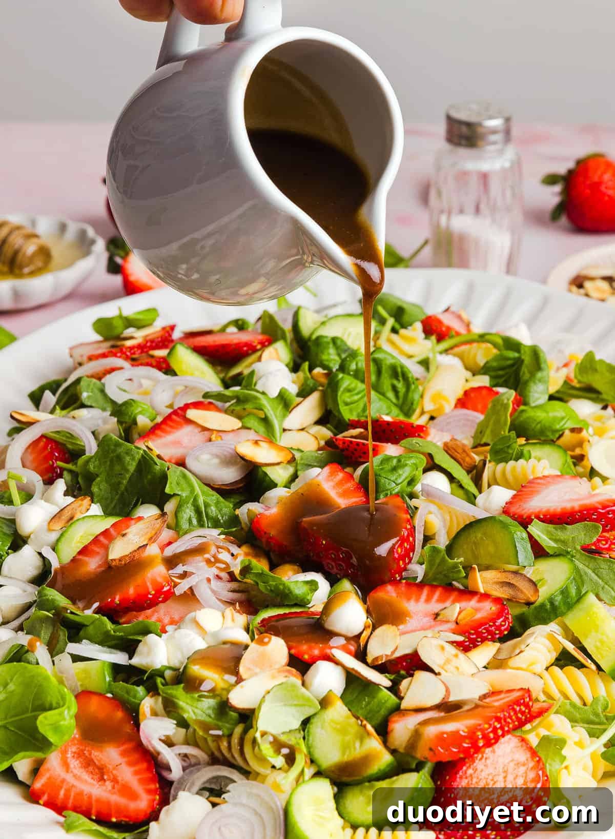 Strawberry Balsamic Pasta Salad Recipe 4 Strawberry Balsamic Pasta Salad ingredients tossed together in a bowl