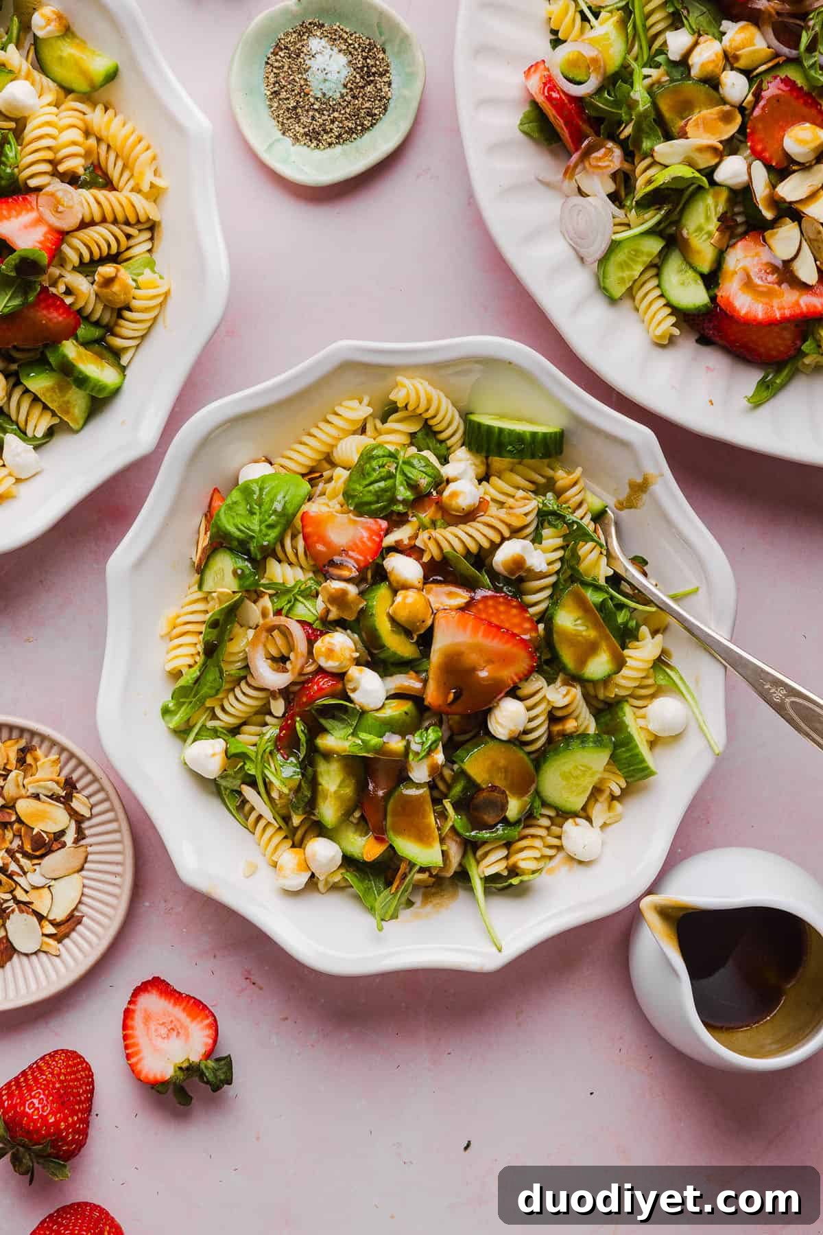 Strawberry Balsamic Pasta Salad Recipe 7 Bowl of Strawberry Balsamic Pasta Salad ready to serve