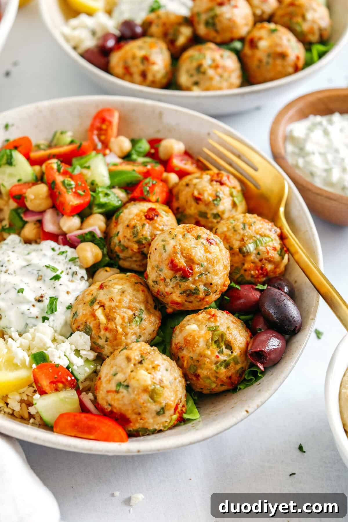 35 Ground Beef, Ground Turkey, and Ground Chicken Dinner Ideas 5 The most delicious Mediterranean Chicken Meatballs packed with flavor and easily made in under 30 minutes! Serve with brown rice, homemade tzatziki sauce, sprinkle on some feta cheese, or pair with a tomato and chickpea salad for a complete meal!