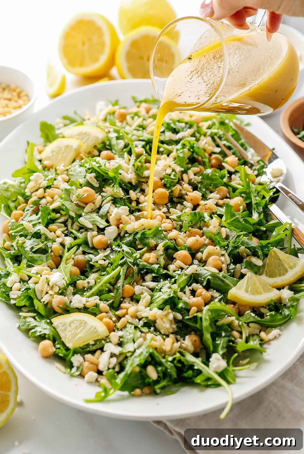 Zesty Lemon Arugula Orzo Salad 4 Orzo salad tossed with lemon-dijon dressing and fresh herbs