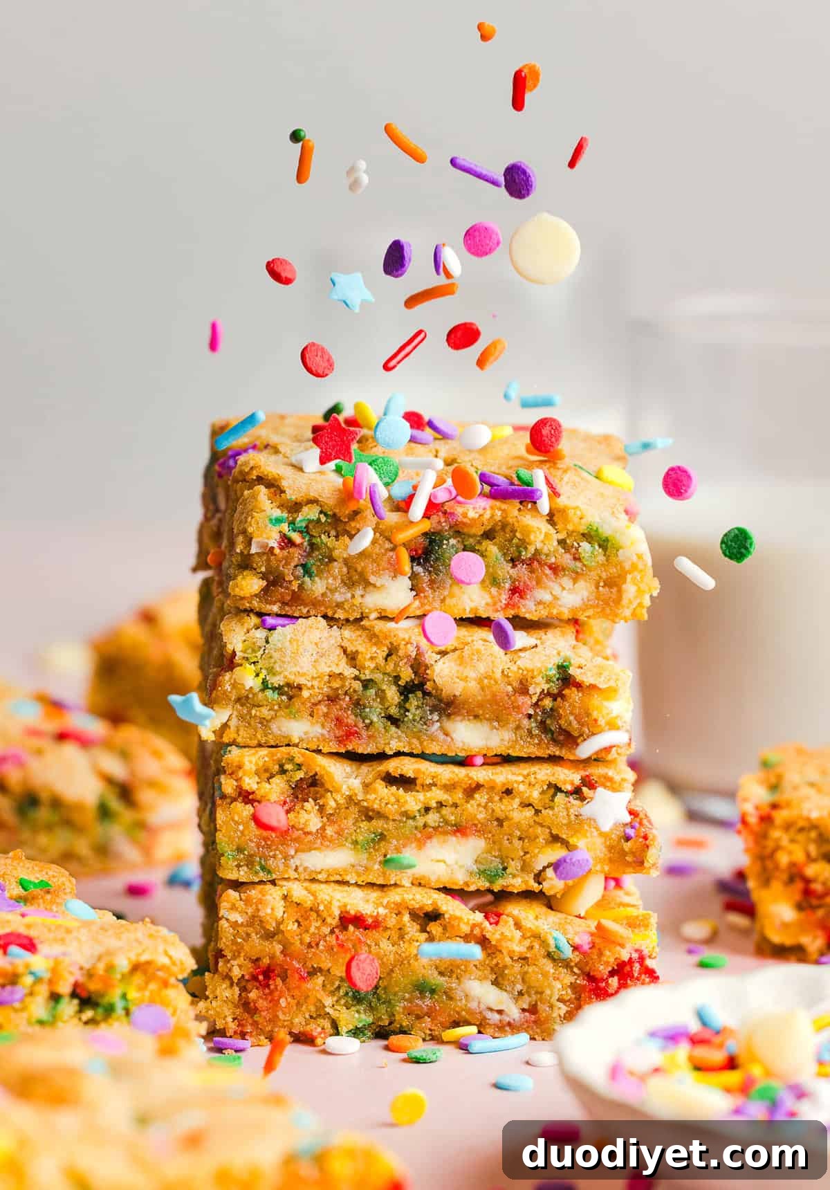 Soft and chewy Healthy Funfetti Cookie Bars that taste like birthday cake batter! Made healthier with whole wheat flour, less butter and zero refined sugar for the perfect lightened-up party dessert!