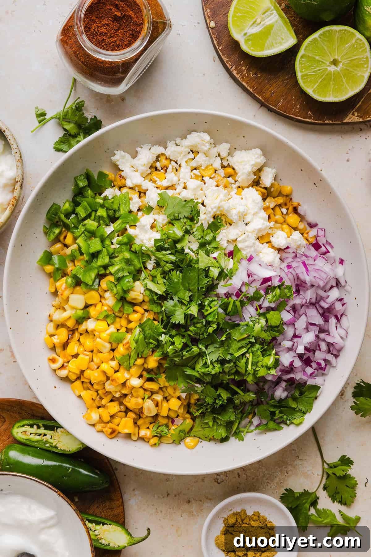 Zesty Mexican Street Corn Elote Salad with Lime and Cotija 4 Bowl of Mexican street corn salad ready to serve