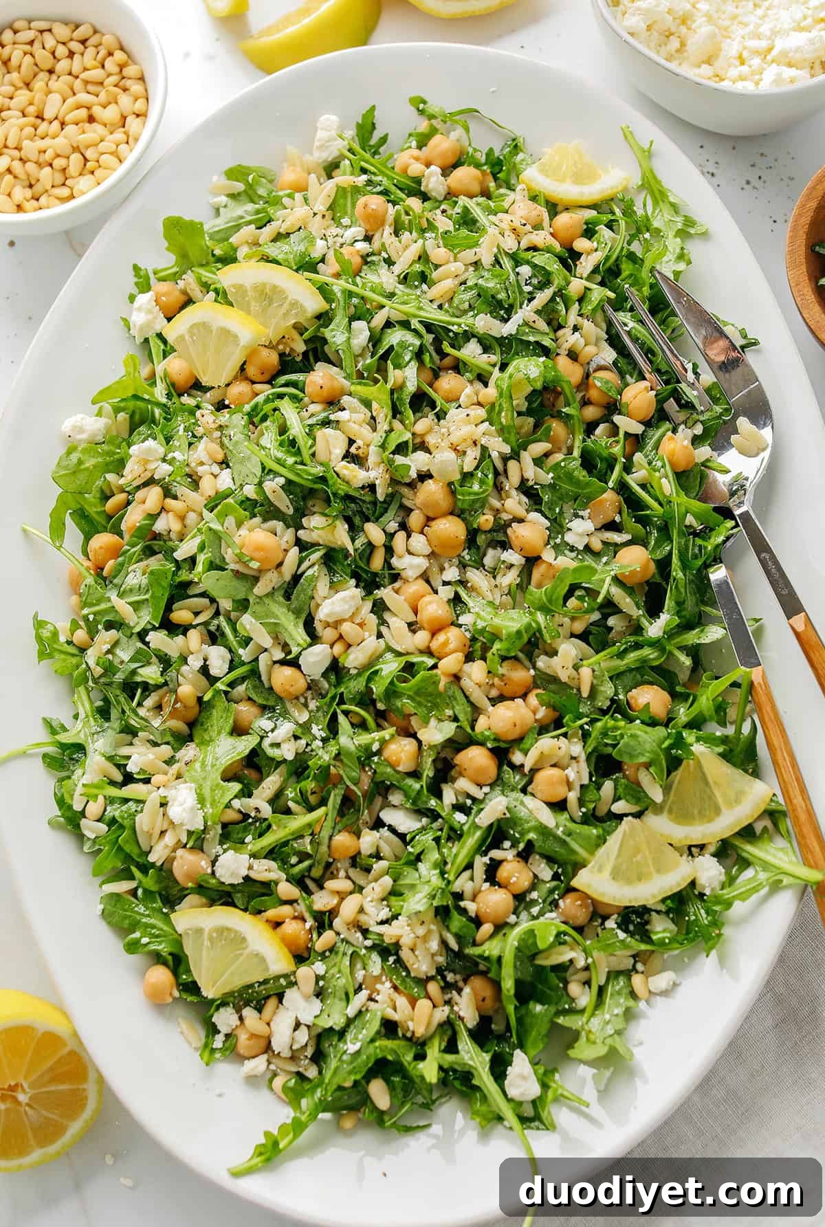 30 Refreshing Summer Salad Recipes 18 This Lemon Arugula Orzo Salad is a bright, zesty pasta salad packed with fresh greens, tender orzo, protein-packed chickpeas, crumbled feta cheese and a simple lemon dressing. Perfect for spring and summer meals!