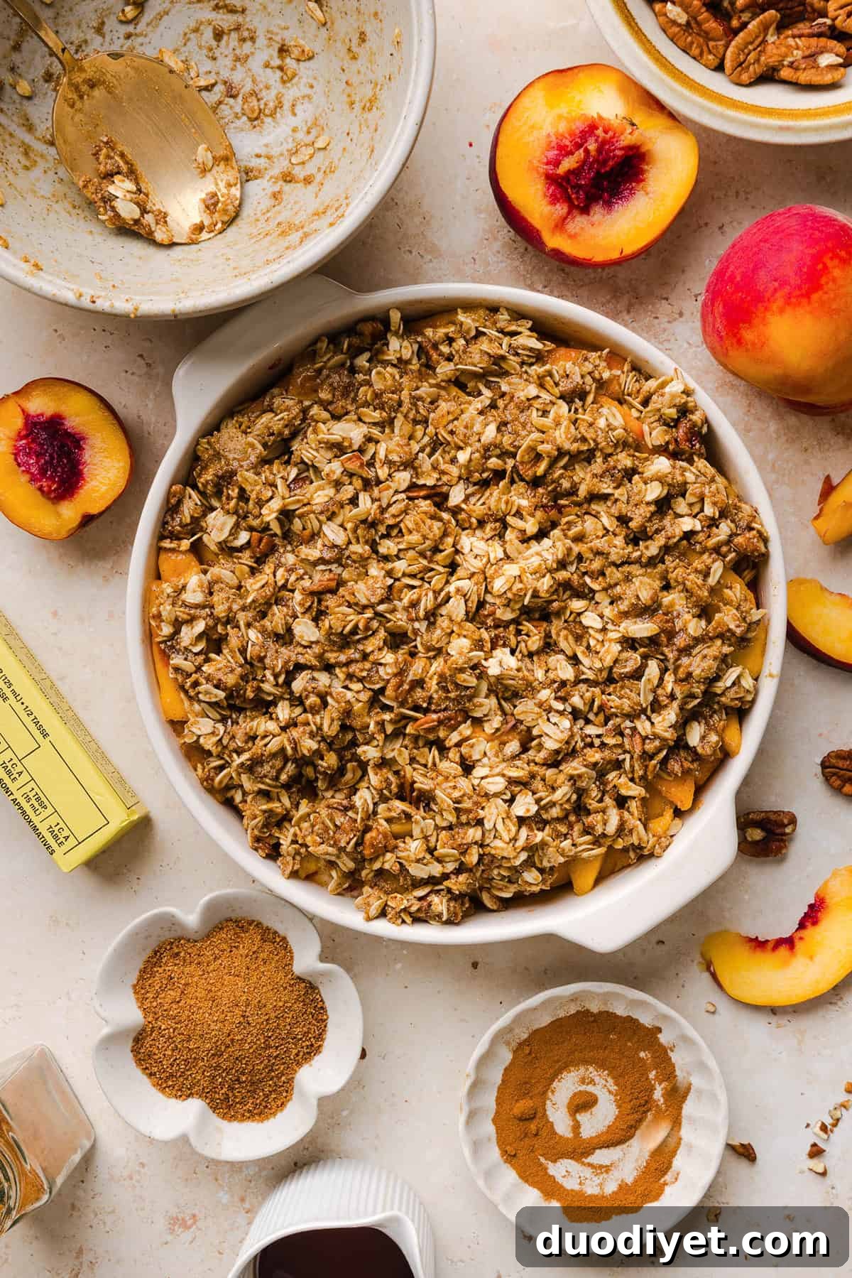 Oat pecan topping for peach crisp