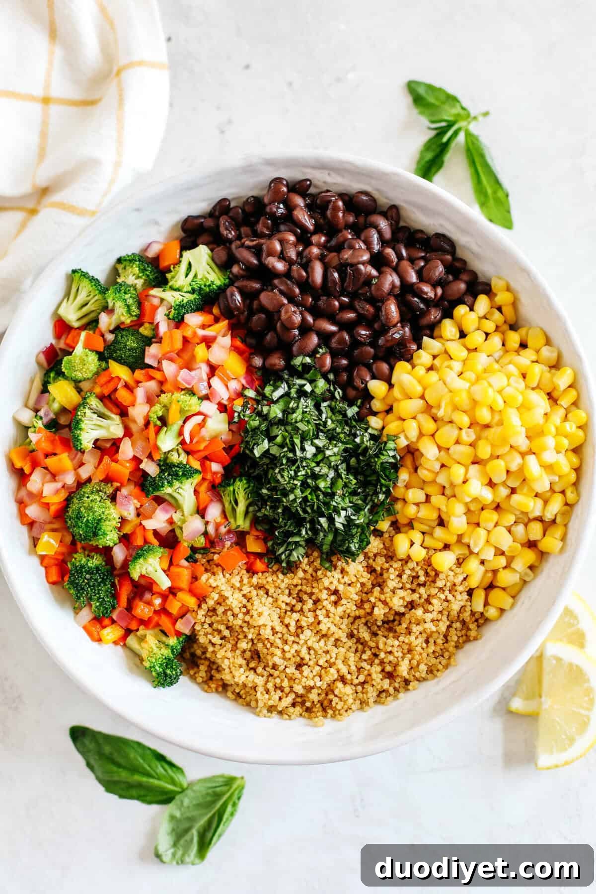 Summer Quinoa Salad with sautéed veggies, black beans, corn and basil