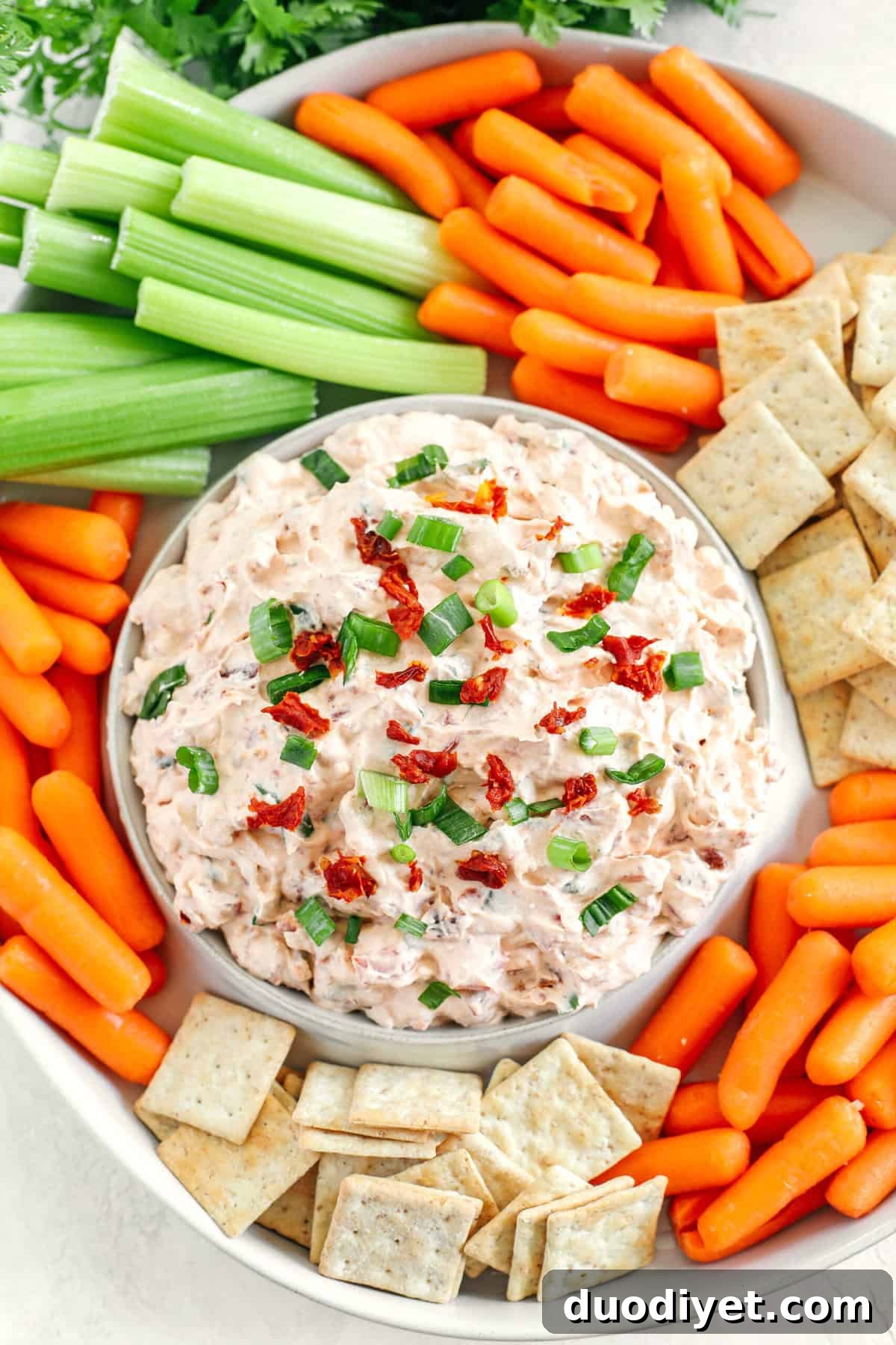 Creamy Sun Dried Tomato Dip made with cream cheese, Greek yogurt and chili sauce