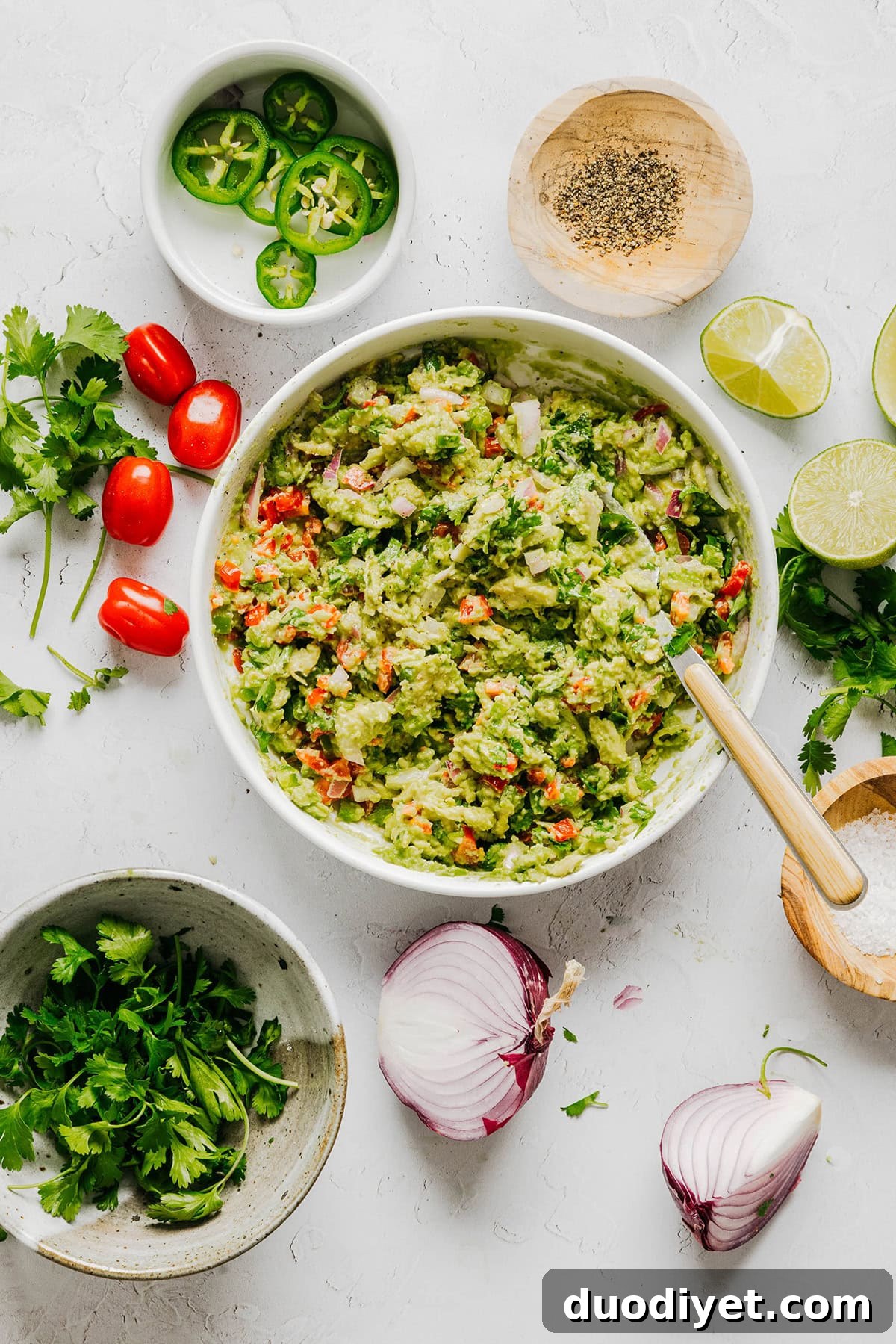 Chunky Guacamole Recipe with Tomato and Onion 5 Chunky guacamole ready to serve.