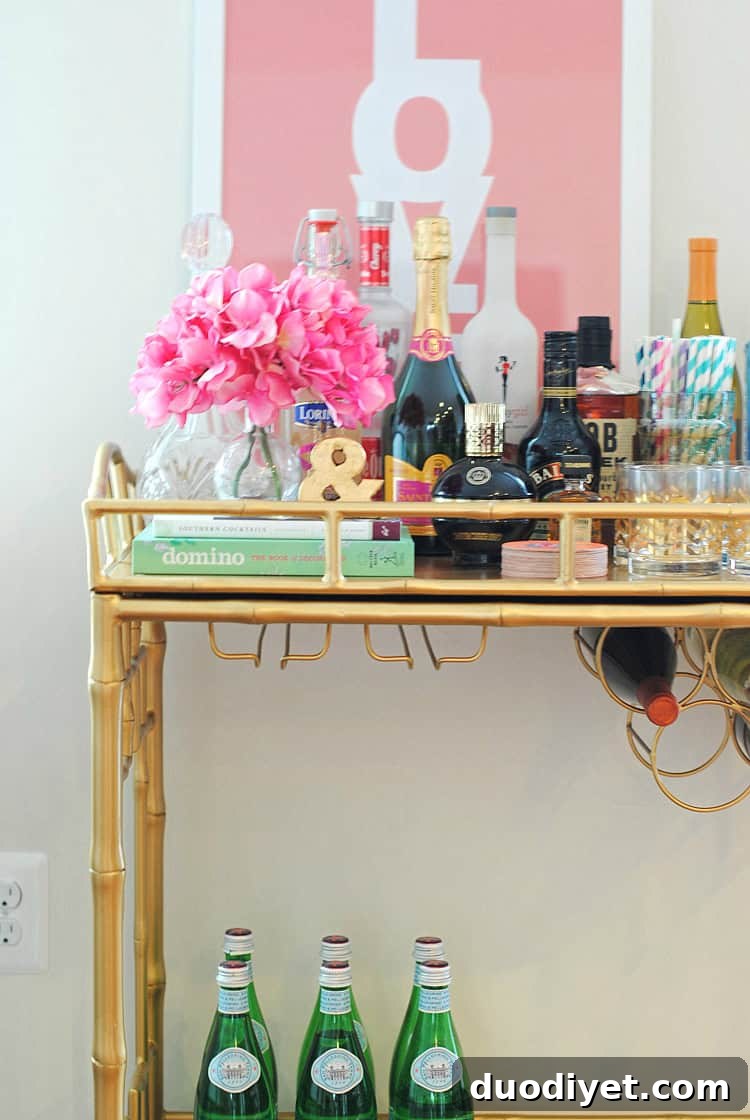 Gold-accented bar cart in a kitchen nook
