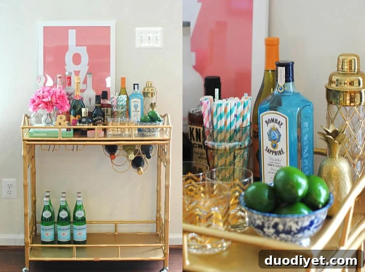 Styled bar cart with decorative accessories