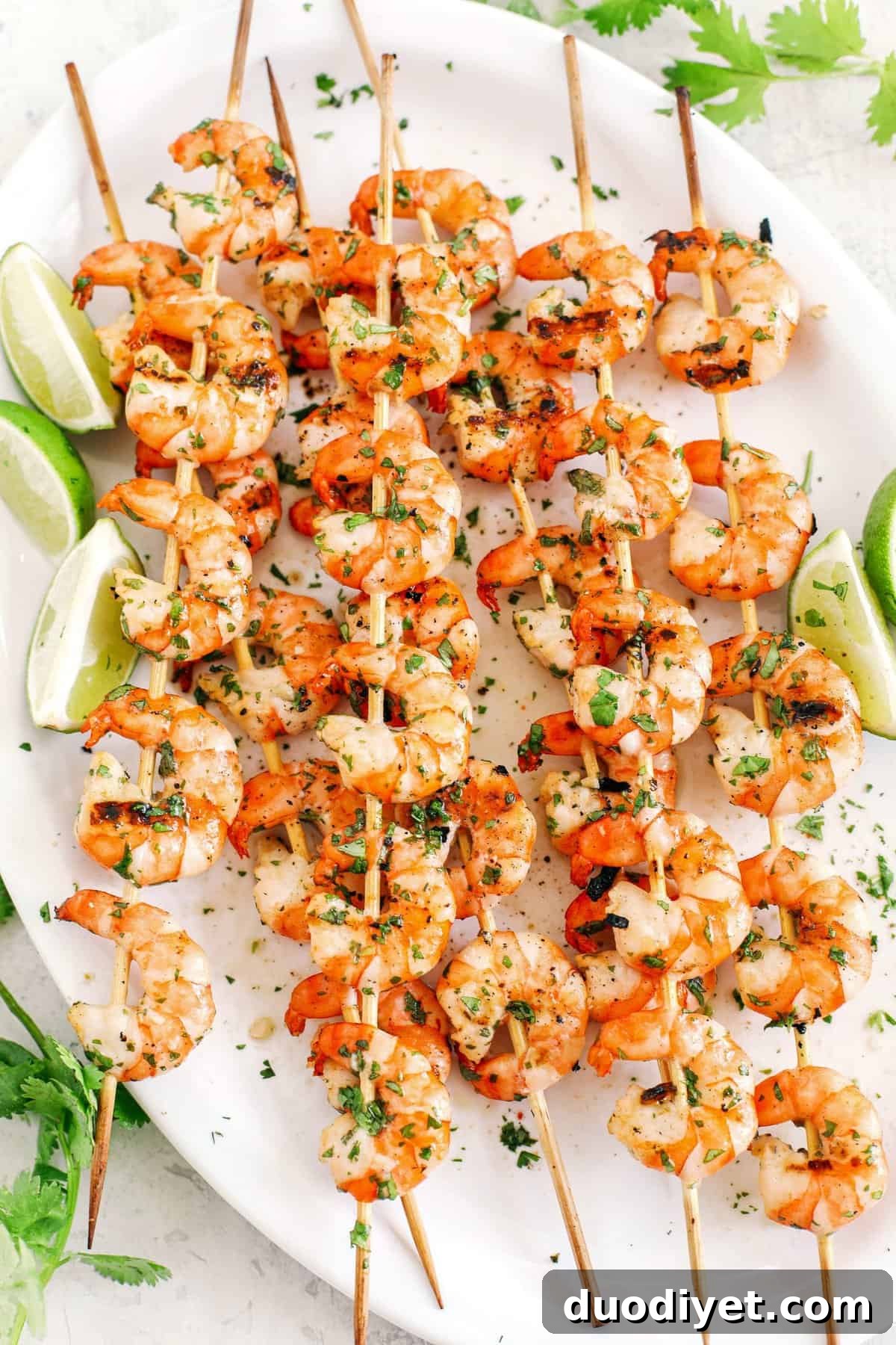 These Margarita Shrimp Skewers make the perfect summer meal that is light, healthy and marinated in garlic, fresh lime juice, cilantro and of course, tequila!  