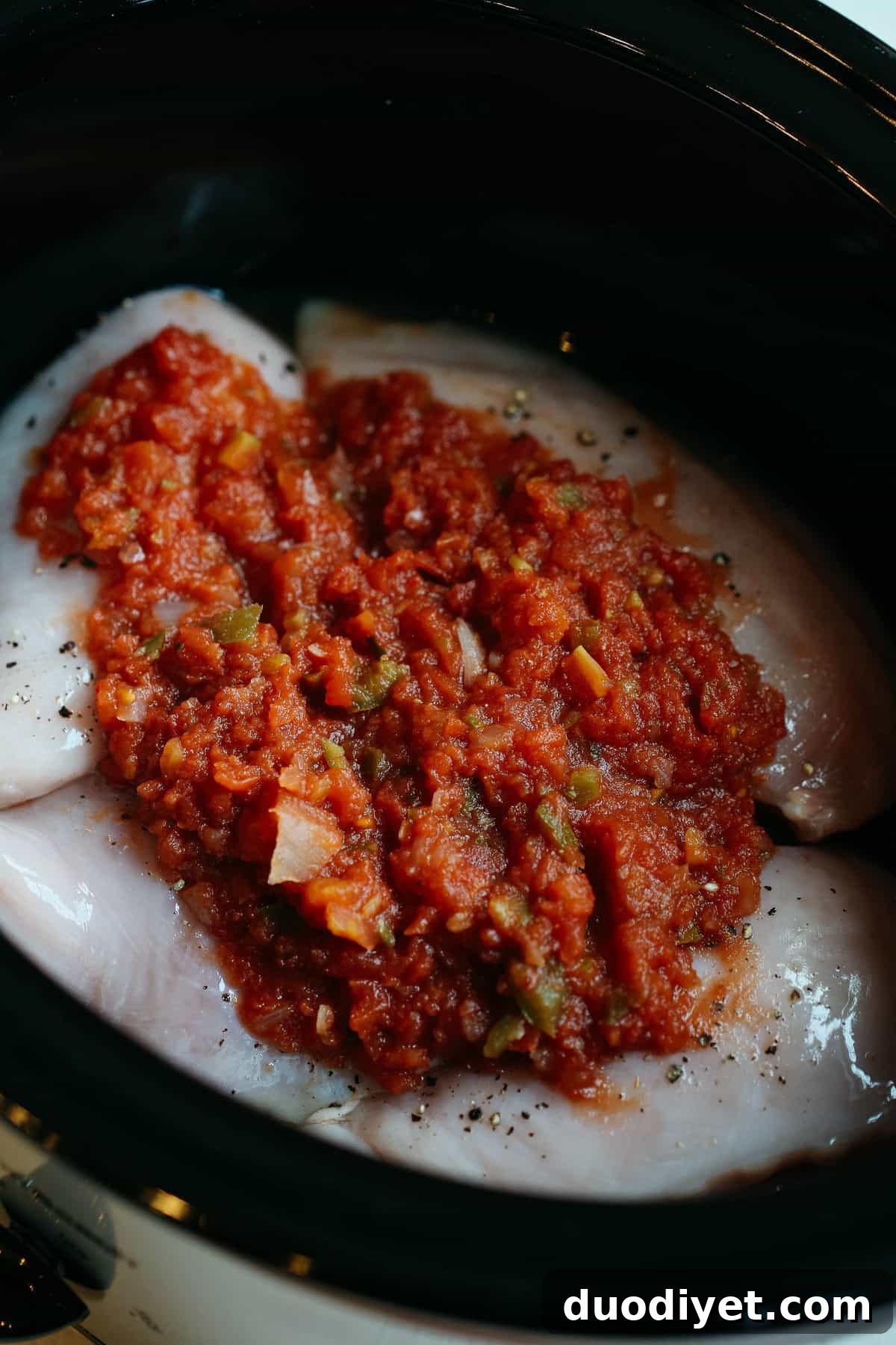 This recipe for Crock Pot Salsa Chicken is my favorite go-to healthy dinner that is quick, easy and only requires TWO ingredients!