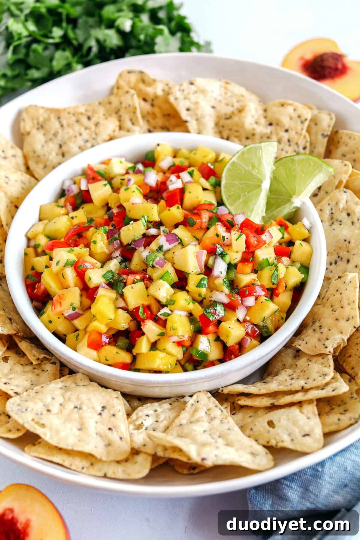 Fresh Peach Mango Salsa easily made in just minutes with only few simple ingredients that makes the perfect topping for tacos, grilled chicken or fish and makes a delicious appetizer served with tortilla chips!