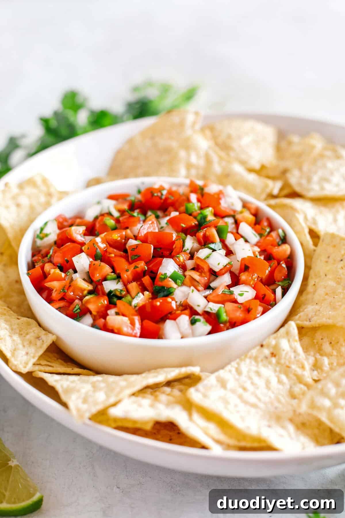 Fresh Homemade Pico De Gallo made with just a few simple ingredients for the perfect flavor boost to any healthy meal or serve as a delicious salsa with chips!