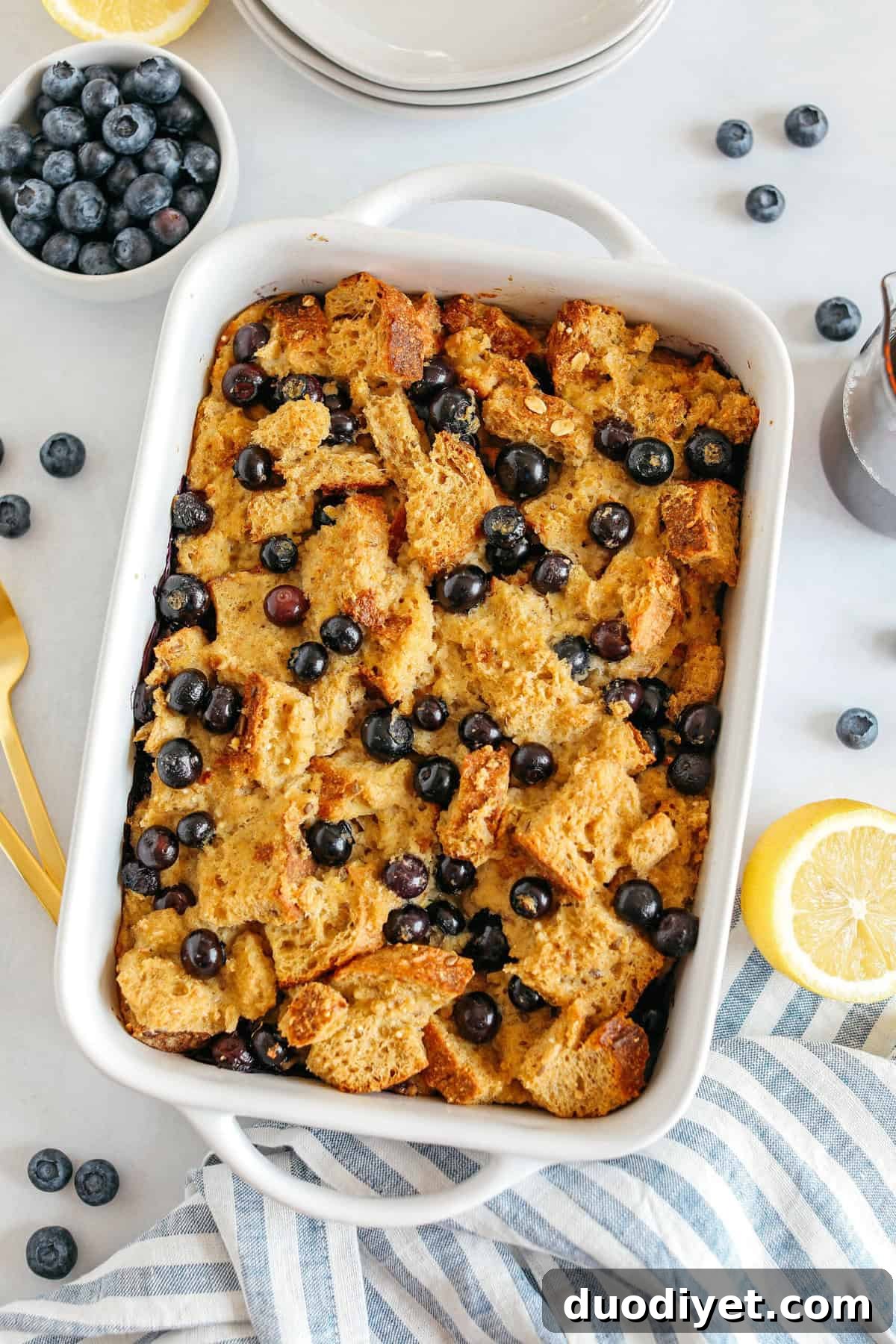 Blueberry Lemon Bread Pudding close-up showing berries and golden top