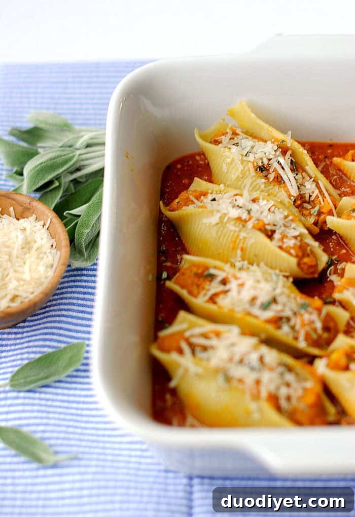 Baked pumpkin and sage stuffed shells in a baking dish