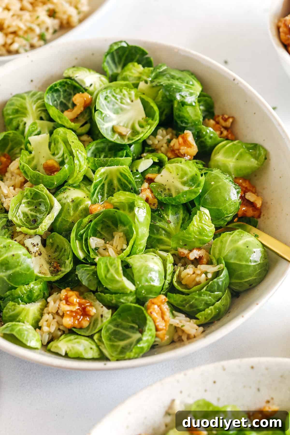 Easy and flavorful sautéed Brussels Sprout and Brown Rice Salad that makes the perfect side dish loaded with garlic, bright lemon flavor and crunchy walnuts! 