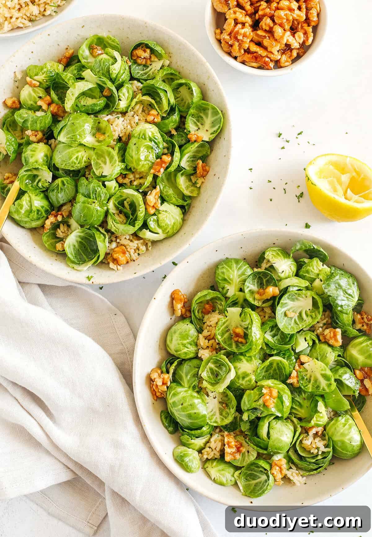 Easy and flavorful sautéed Brussels Sprout and Brown Rice Salad that makes the perfect side dish loaded with garlic, bright lemon flavor and crunchy walnuts! 