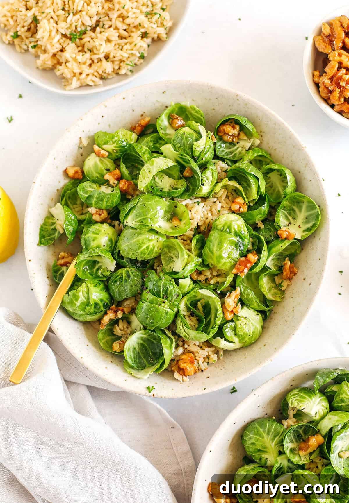 Easy and flavorful sautéed Brussels Sprout and Brown Rice Salad that makes the perfect side dish loaded with garlic, bright lemon flavor and crunchy walnuts! 