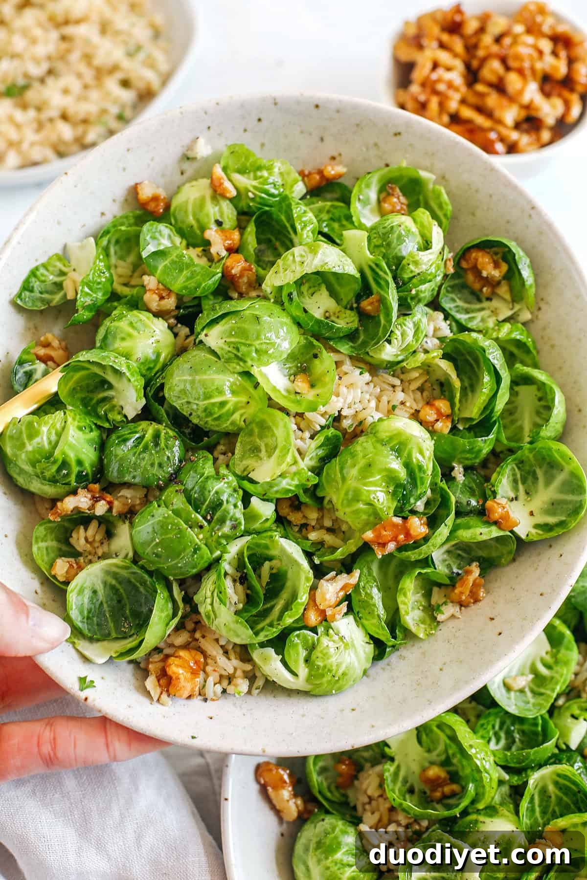 Easy and flavorful sautéed Brussels Sprout and Brown Rice Salad that makes the perfect side dish loaded with garlic, bright lemon flavor and crunchy walnuts! 