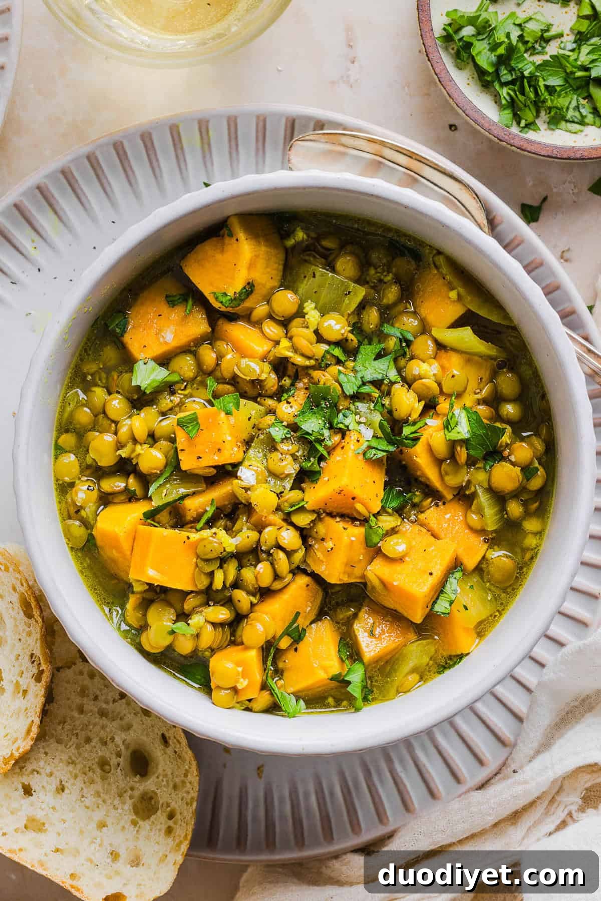 This hearty Lentil and Sweet Potato Stew is delicious, super filling and easily comes together in under 30 minutes for the perfect weeknight dinner! A nourishing meal made with pantry staples that is gluten-free, dairy-free and vegan.