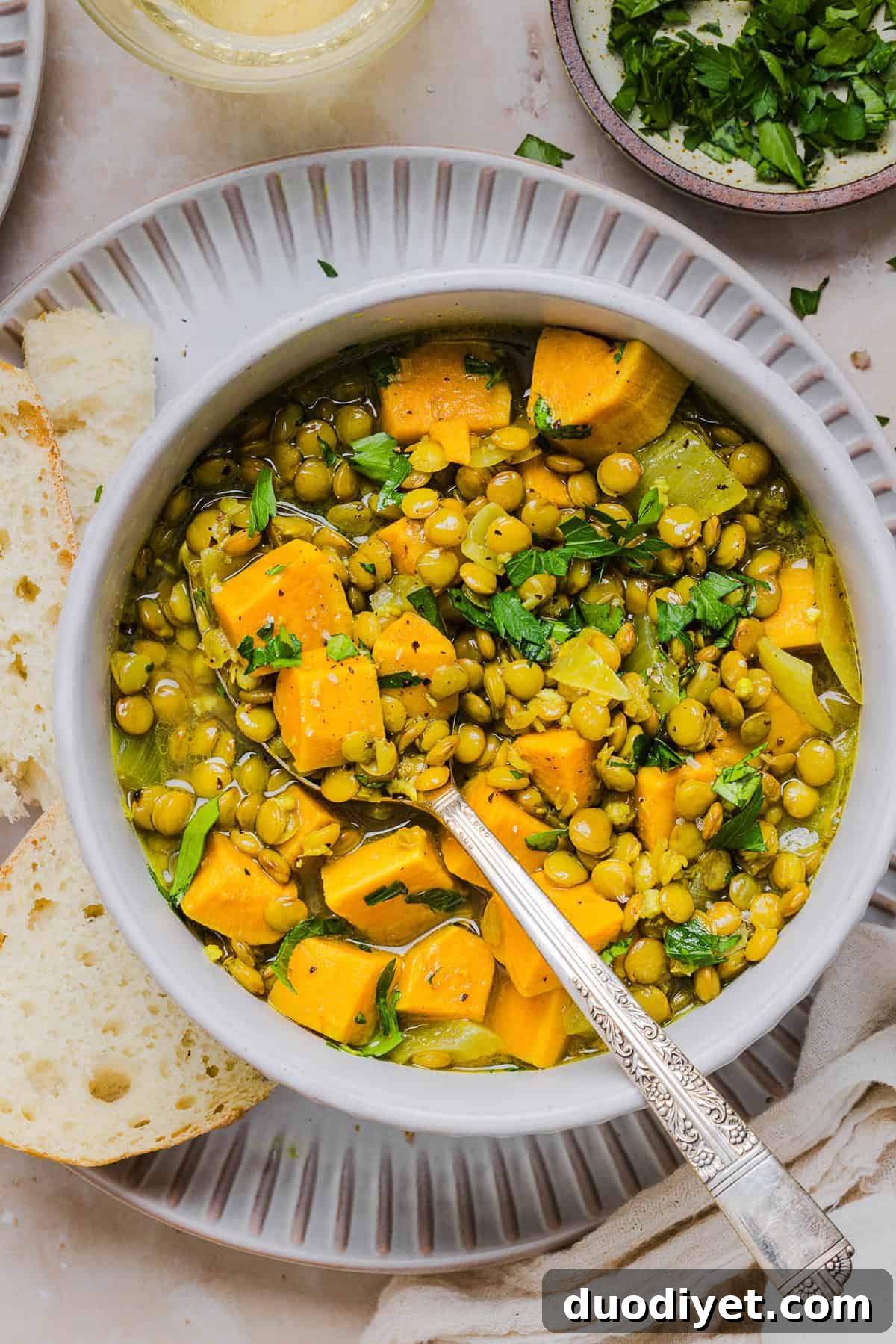 This hearty Lentil and Sweet Potato Stew is delicious, super filling and easily comes together in under 30 minutes for the perfect weeknight dinner! A nourishing meal made with pantry staples that is gluten-free, dairy-free and vegan.