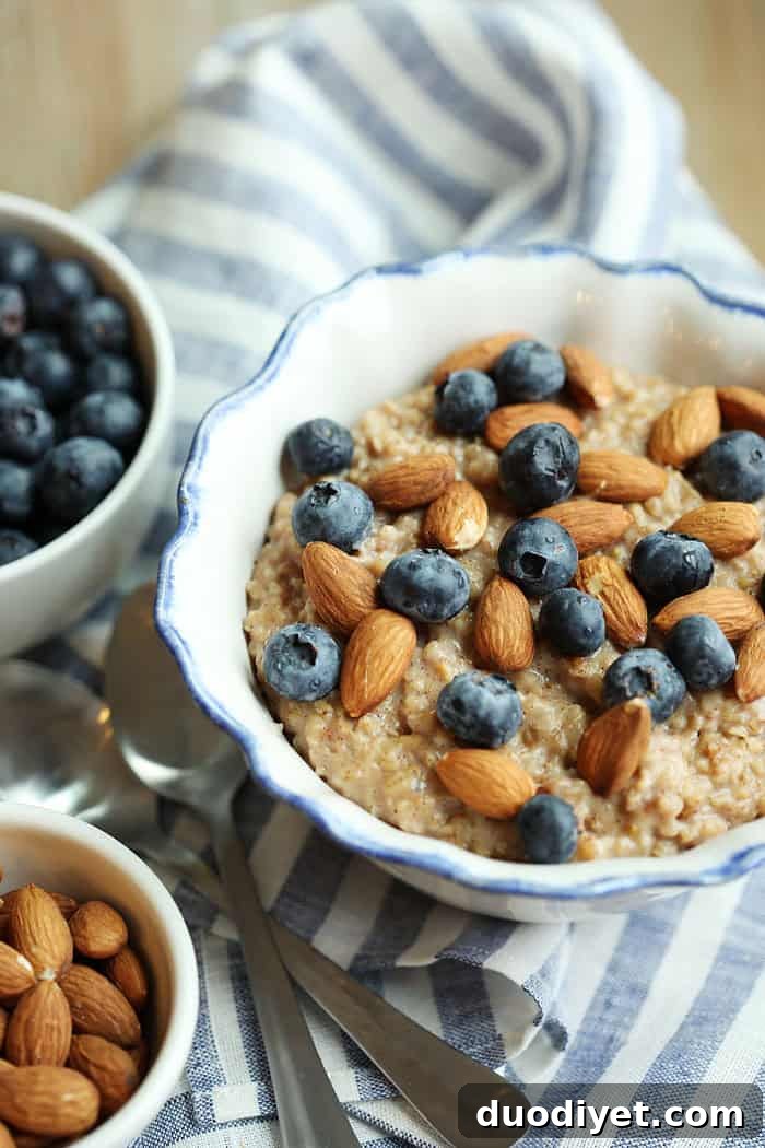 Vanilla Almond Oatmeal with Blueberries close-up