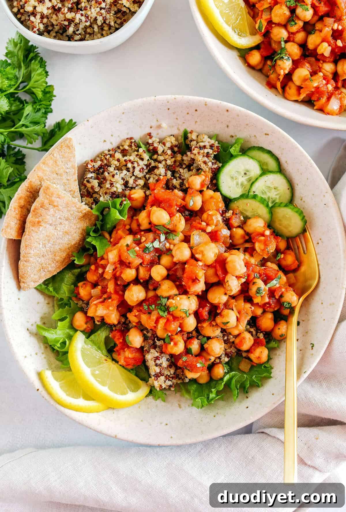 Spicy Chickpea and Quinoa Bowl Recipe 2 Protein-packed Spicy Chickpea Quinoa Bowls are loaded with flavor, perfect for meal prep and are easily made in just 20 minutes! Drizzle my lemony tahini dressing over top for even more flavor!