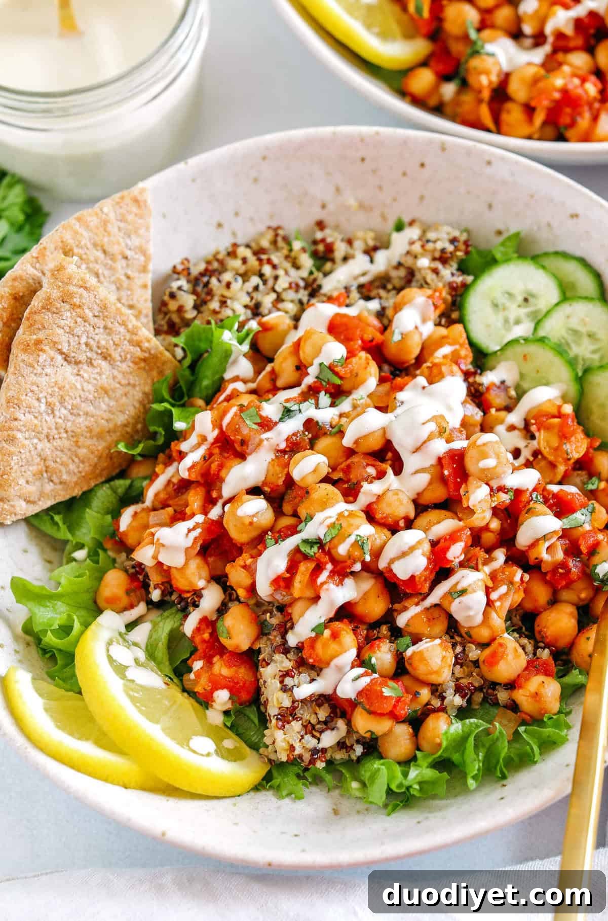 Spicy Chickpea and Quinoa Bowl Recipe 6 Protein-packed Spicy Chickpea Quinoa Bowls are loaded with flavor, perfect for meal prep and are easily made in just 20 minutes! Drizzle my lemony tahini dressing over top for even more flavor!