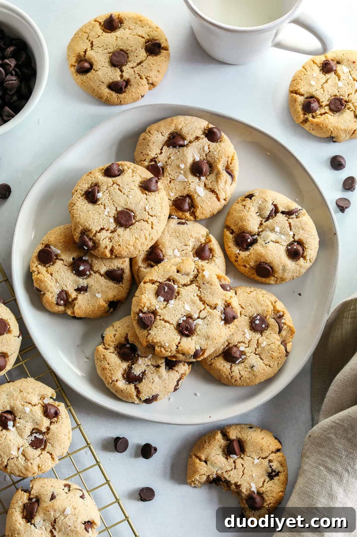 Freshly baked healthy chocolate chip cookies cooling on a rack