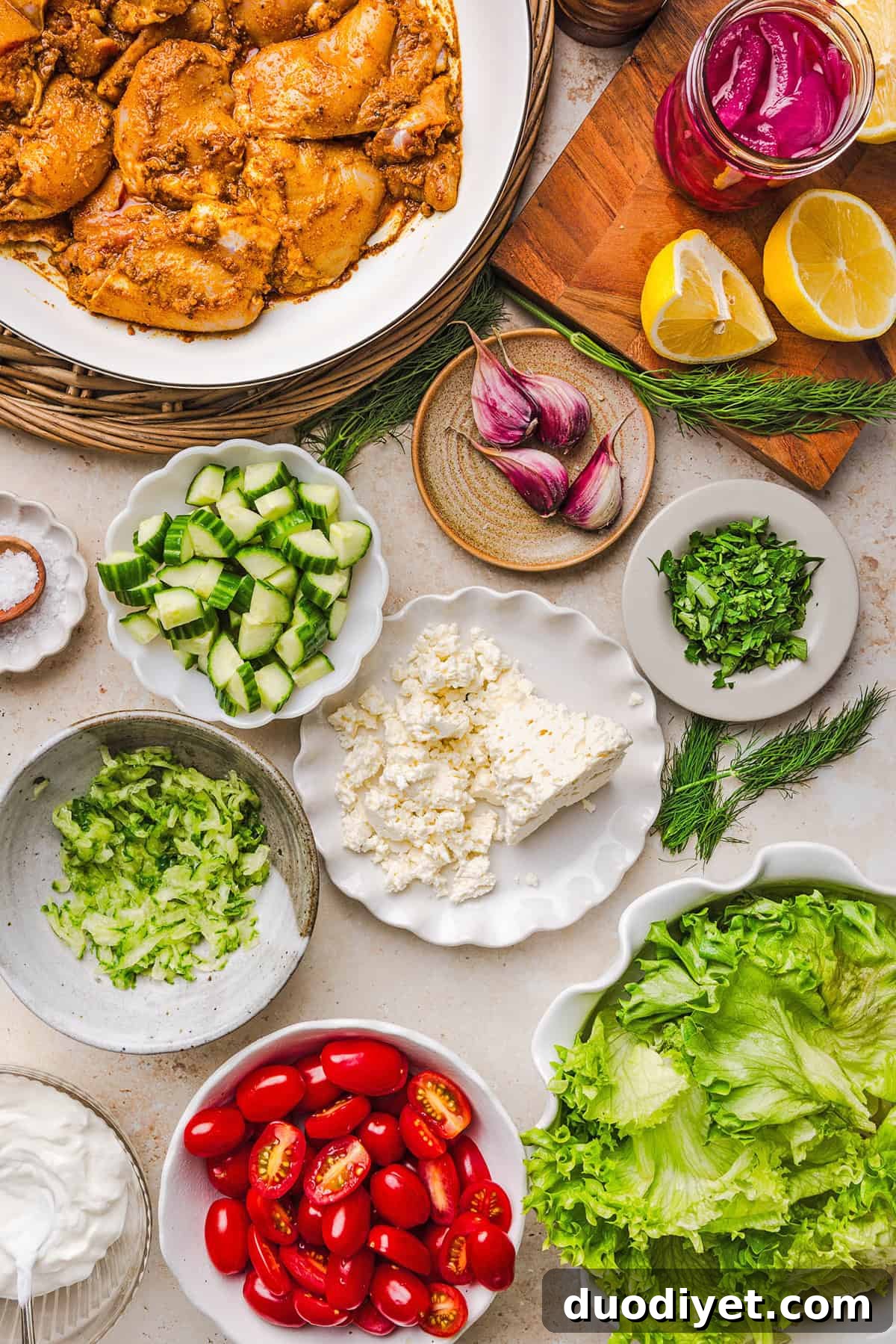 These Easy Chicken Shawarma Bowls are loaded with juicy spiced chicken, fluffy rice, fresh veggies, feta and creamy homemade tzatziki! A healthy, flavor-packed meal that is great for meal prep!