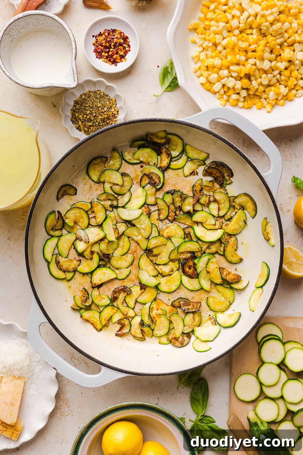 This creamy One Pan Lemon Garlic Orzo with Zucchini and Corn is fresh, flavorful and made in one skillet for an easy summer side dish or weeknight meal. Packed with fresh veggies, tender orzo, Parmesan, herbs and bright lemon flavor!