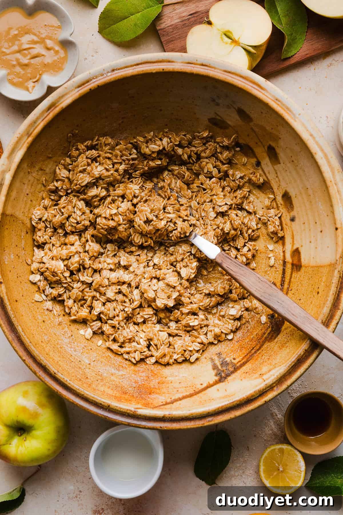 Healthy apple crumble mixture in a bowl.