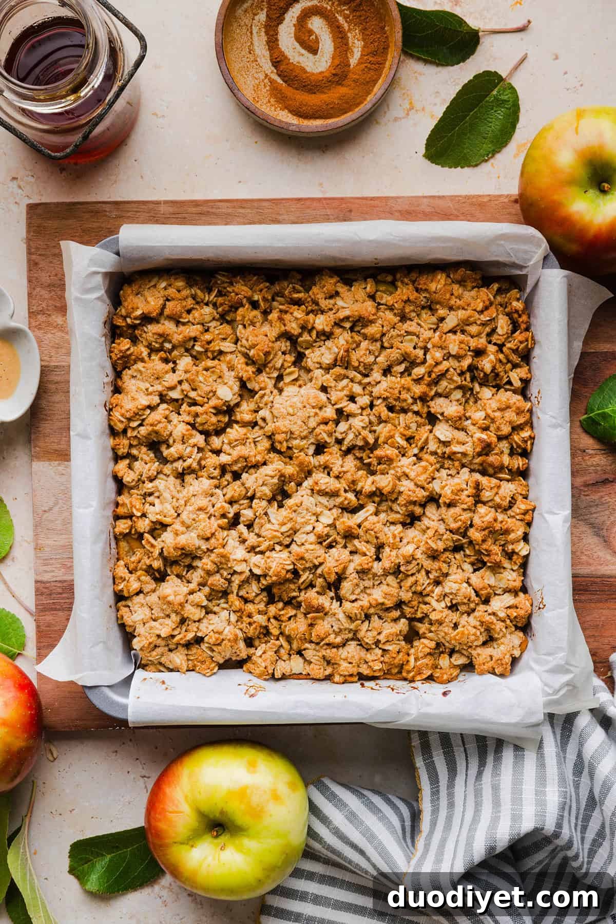 Freshly baked apple pie crumble in the pan.